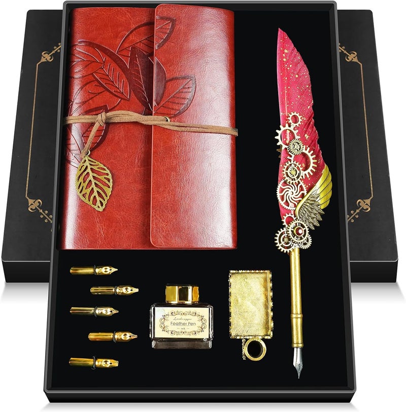 GrnVibe Feather Quill Pen and Ink Set,Antique Calligraphy Set with Leather Journal Notebook,Feather Pen,5 Gold Nibs,Pen Holder,Ink,Calligraphy Kits for Beginners Christmas Gift - Image 1